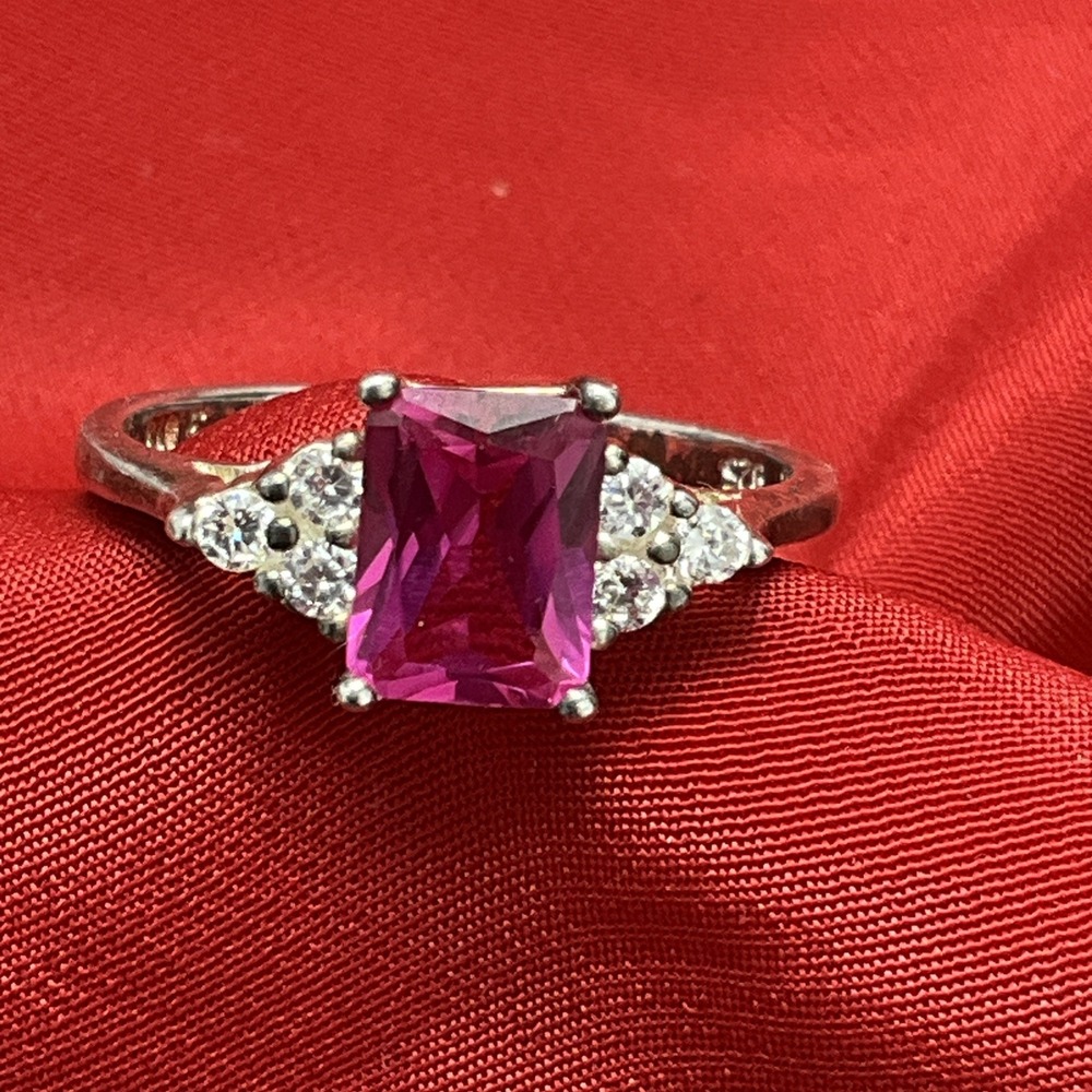 Vintage Sterling Silver Ring Large Ruby And Cubic Zirconia Size 9 Signed NV